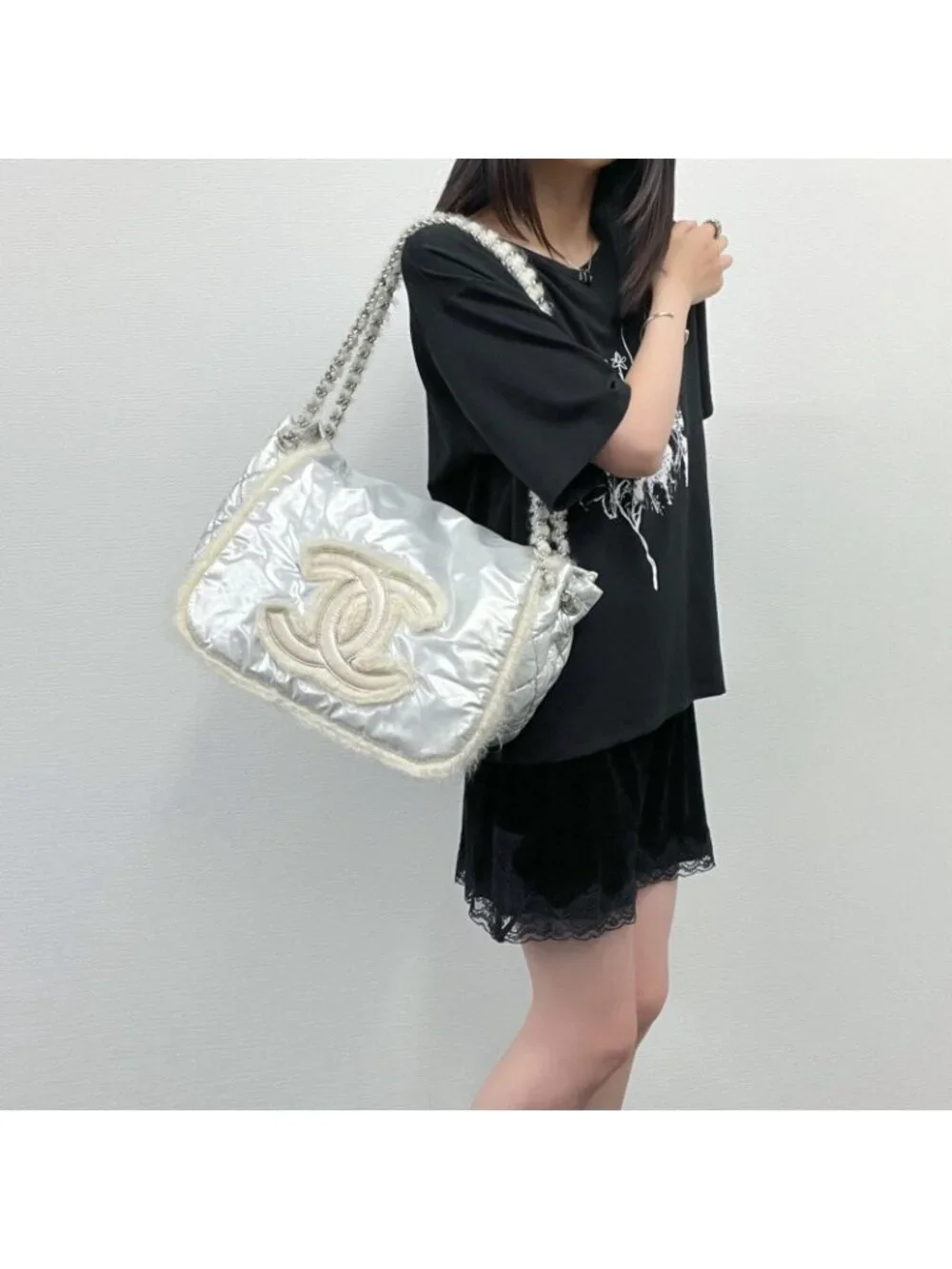 Chanel CC Logo Chain Tote Shoulder Bag Nylon Silver Ivory Seal Vintage